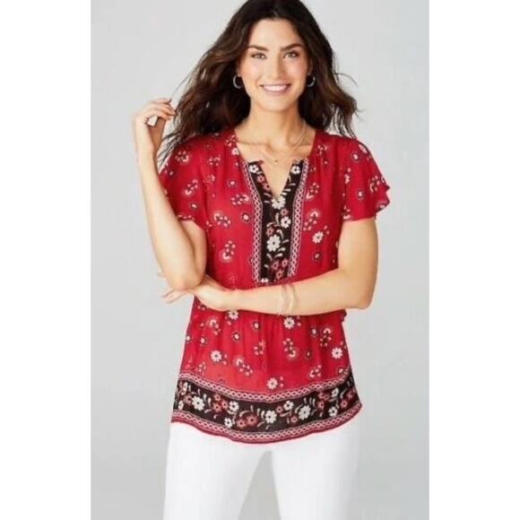 J Jill Cherry Red Floral Ruffle Short Sleeve Boho Blouse Top - Picture 1 of 10
